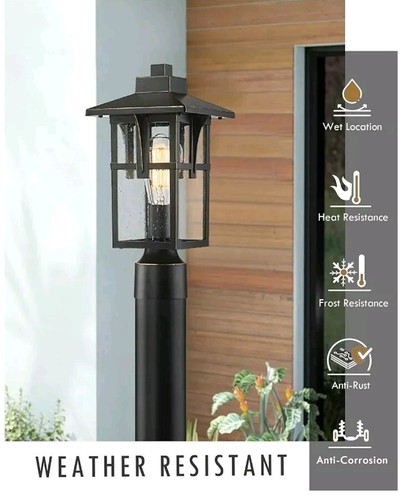 HWH Outdoor Pole Lantern w Seeded Glass Shade, Matte Black & Gold Edge - Picture 3 of 6