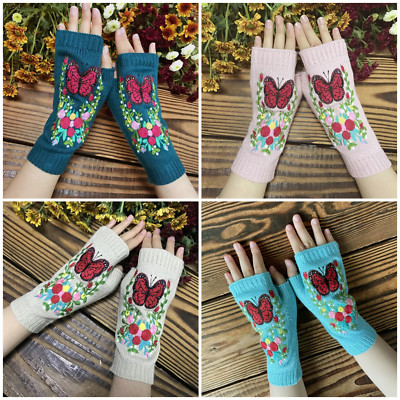 1pair Women Girl Flower & Butterfly Embroidery Fashion Fingerless Gloves-
