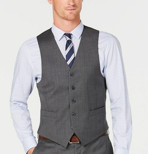 $180 Michael Kors Men Gray Classic Fit 5 Button Wool Plaid Dress Suit Vest 37 R - Picture 1 of 2