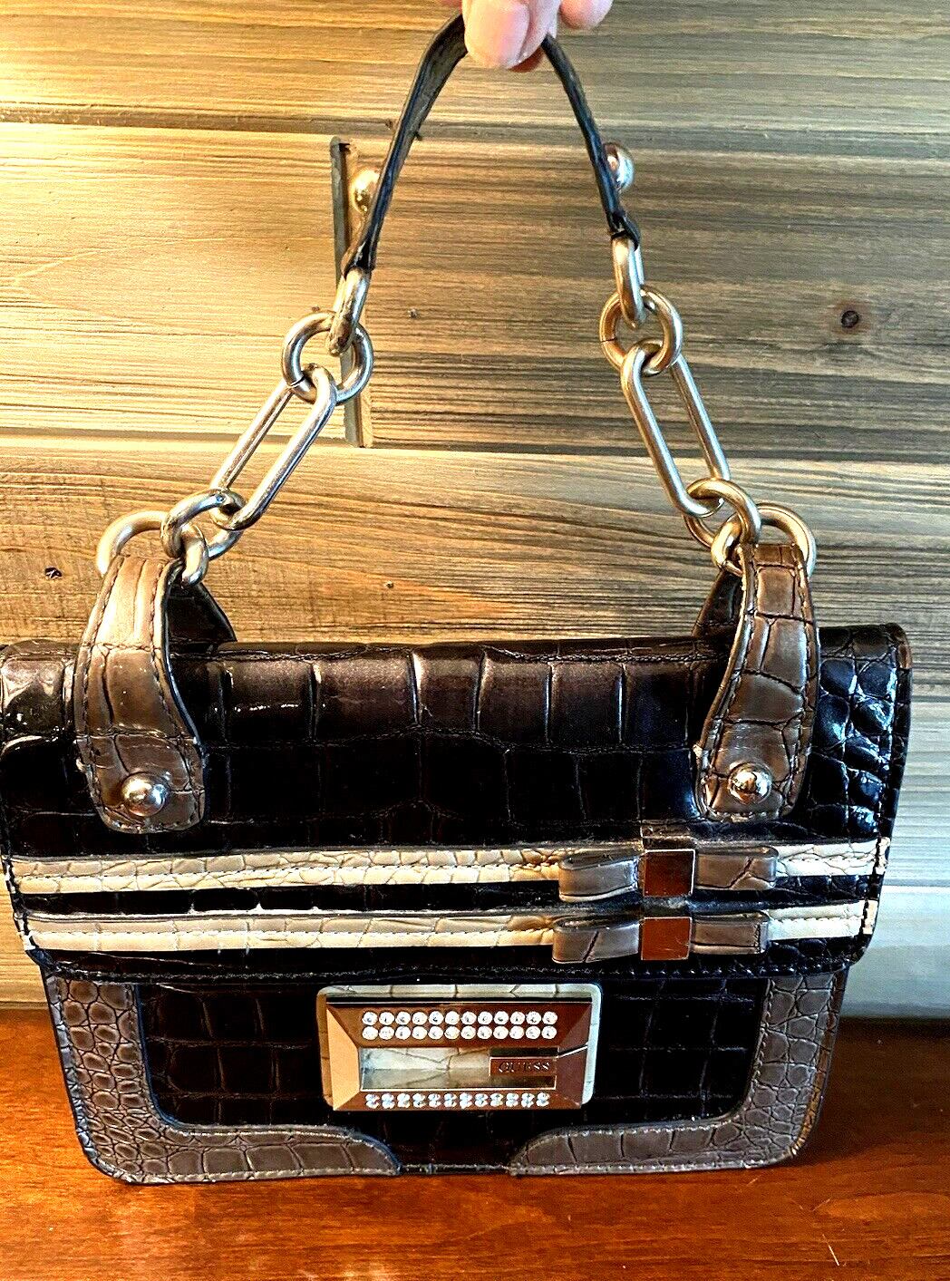 Guess Handbag Purse Black Brown & Tan Patent Leat… - image 1