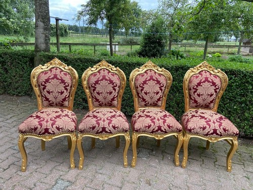 Dining Chairs Set 6 French Louis XVI Gold Leaf Red Damask Upholstered Antique - Picture 6 of 16