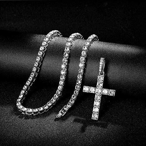 Luxus Herren Tennis Kreuz Halskette mit Diamant Quarz Armbanduhr mit Armband Set - Bild 120 von 121