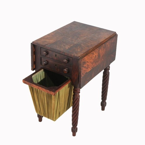 Antique Sheridan Flame Mahogany Two-Drawer Drop-Leaf Sewing Stand & Basket C1830 - Picture 4 of 11