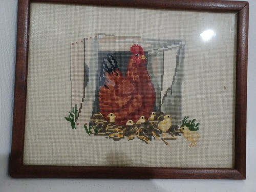 Vintage Finished Cross Stitch Red Buckeye Farm Hen Chicks Frame Picture 10×10" - Picture 3 of 8