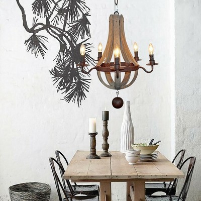 Cottage Vintage Chandelier 5 Light Wood Iron Pendant Lamp Hanging