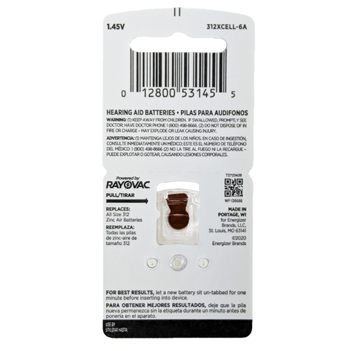 Rayovac Xcell Size 312 Hearing Aid Batteries +Holder/2 Extra Batt (60