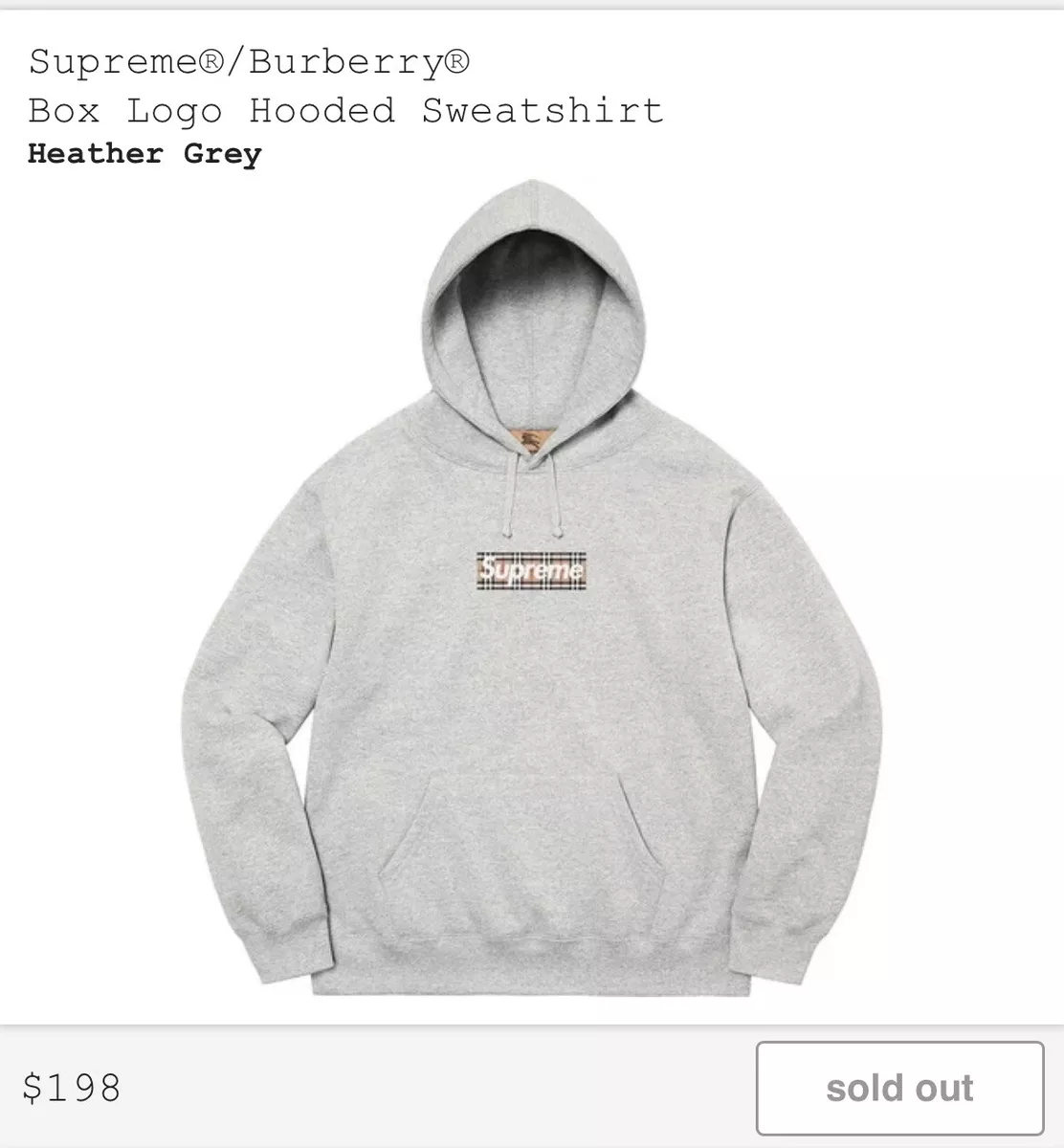 Supreme Burberry Box Logo Hooded Sweatshirt Heather Grey Large