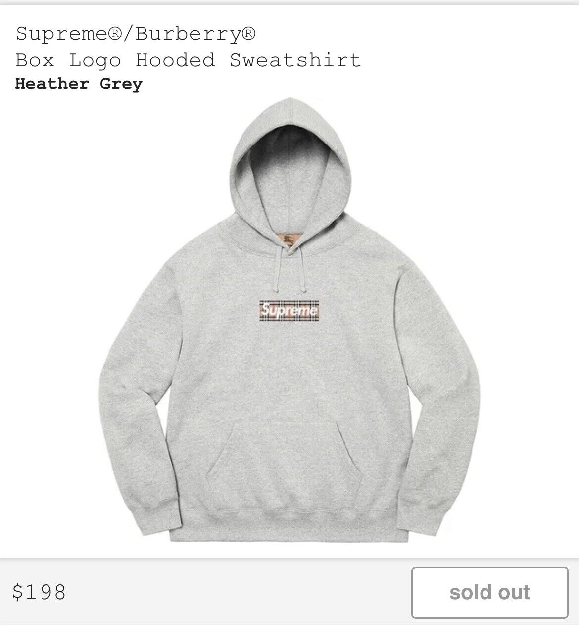 Supreme Burberry Box Logo Hooded Sweatshirt Heather Grey Large SHIPPED ORDER