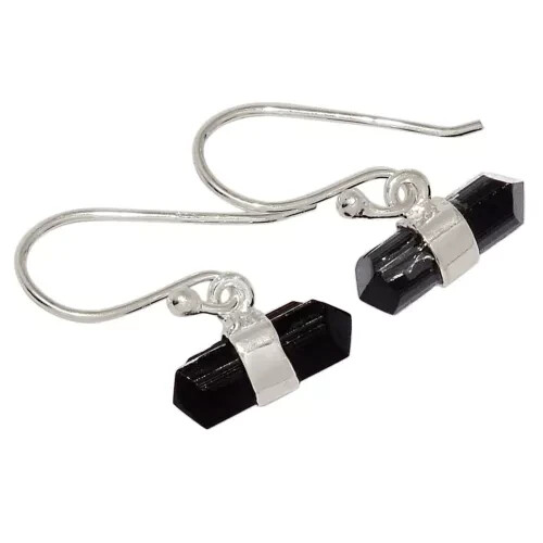 sale SOLID 925 STERLING SILVER HORIZONTAL BLACK TOURMALINE DANGLE EARRINGS