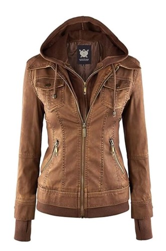 L&L Damen Kunstlederjacke mit abnehmbarer Kapuze Biker Mantel EXTRA SMALL (XS) NEU - Bild 2 von 13