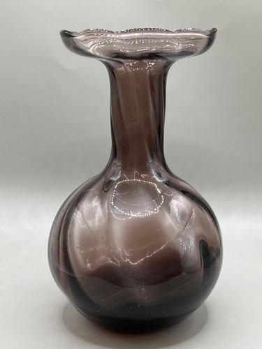 Vase Hand Blown Cranberry Amathyst Purple Glass Ruffled Optic Bowl Rare 1970 Vtg