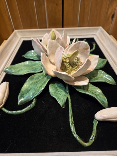 Vintage Keramik prächtige Magnolien gerahmt Dimension 3" Tiefe tolle Details - Bild 8 von 24