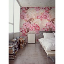 Roses and hydrangea Non-woven wallpaper pink and white wall mural design