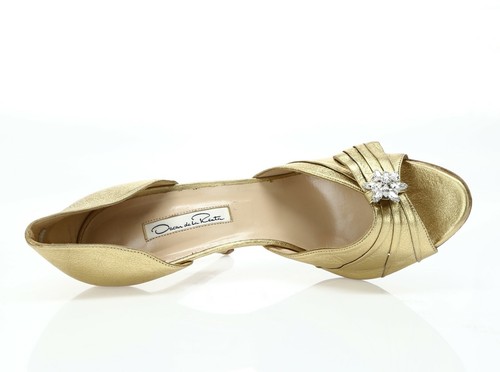 Oscar De la Renta Gold Leather Open Toe Pumps Sz. 40.5 - Picture 4 of 6