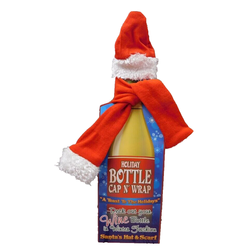 Lot 4 Christmas Wine Bottle Winter Santa Hat & Scarf Holiday Decor Gift Cap Wrap - Picture 2 of 5