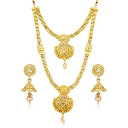 Orecchini Jhumka placcati oro collana girocollo indiano Bollywood set gioielli da sposa - Foto 2 di 4