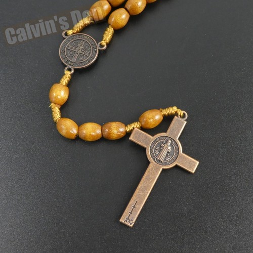 Oval Wood Bead Antique Brass Crucifix Rosary Necklace Five Decade Men Women Gift - Picture 9 of 9