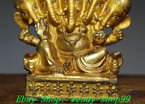 Tibet Copper Gold Painting 5 Head Ganesh Lord Ganesha Elephant God Buddha Statue - Picture 4 of 9