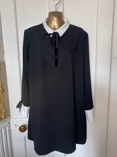 ZARA - size XL UK 14 black shirt dress A line, cream collar & cuffs, velvet tie - Picture 4 of 9