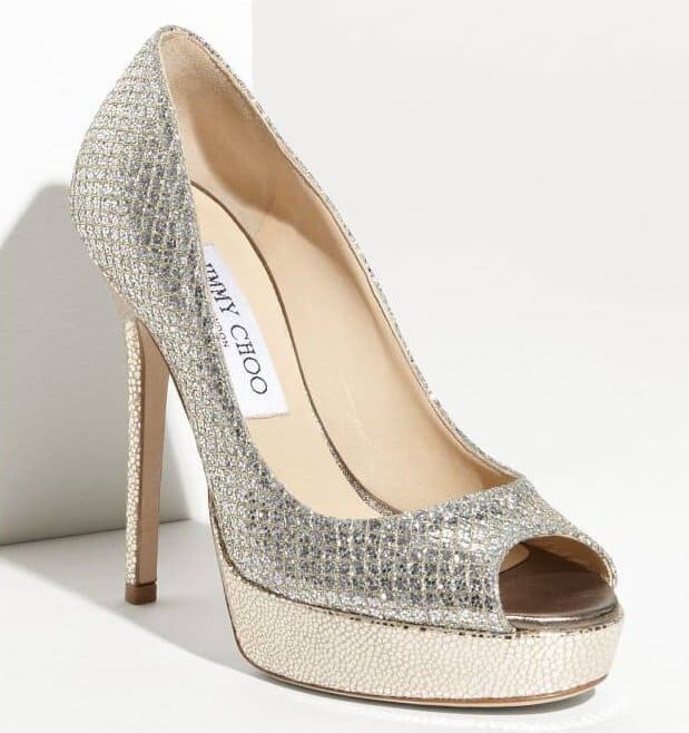 $895.00 Jimmy Choo 247 Crown Glitter Champagne Platform 37.5