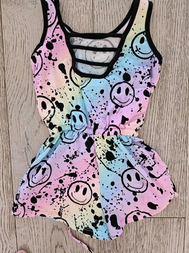 Pixie Lane Shorts Romper Rainbow Ombre Smiley Splatters Sz 4 - Picture 2 of 3