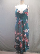 TSHE Size M Womens Floral Teal Back Zip Lightweight Satin Cami Midi Sundress 262