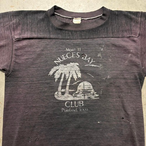 Vintage 70s Nuces Bay Portland Texas Football Ringer T Shirt M Black Distressed - Picture 3 of 8