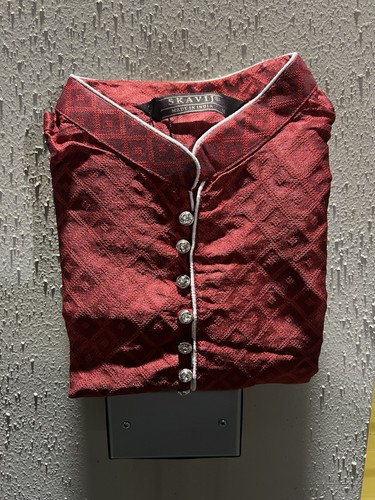 Indische Herren Rot Tunika Kunst Seide Kurta Pyjama Pakistanisch Hochzeit Party 2 Stück Set - Bild 4 von 14