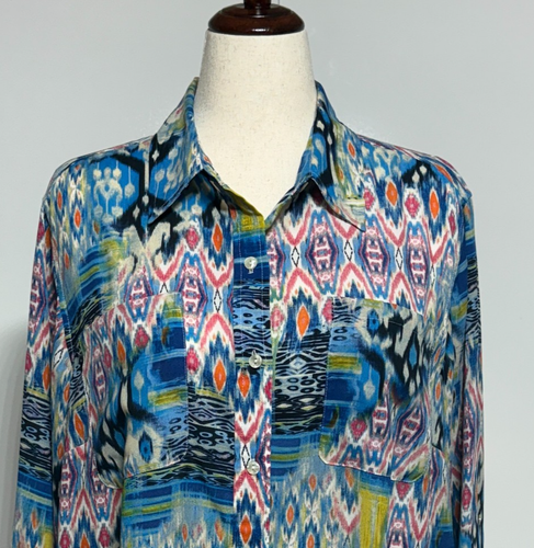 Jones New York Top Mujer 2X Azul Rosa Colorido Azteca Tribal Abotonada Carrera - Imagen 2 de 11
