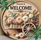 Pretty Decorative Floral Cart Wheel Welcome Wooden Sign 20cm