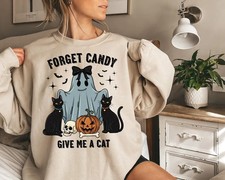 Forget Candy Give Me a Cat Halloween Sweatshirt Women Cute Ghost Pumpkin Shirt