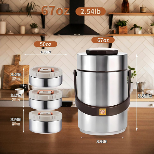 67Oz Thermos Aggiornato per Alimenti Caldi, Thermos Alimentare Impilabile a 3 Strati, Thermos Zuppa - Foto 3 di 8