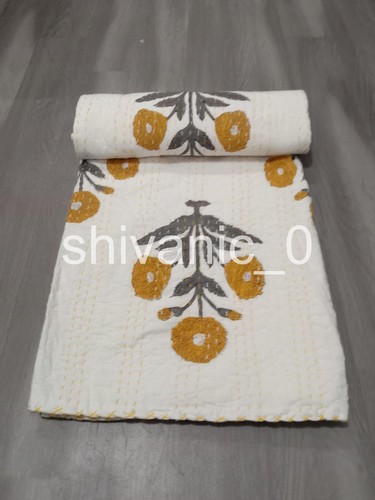 Reversible Kantha Bedspread Indian Handmade Quilt Throw Cotton Blanket Bedding - Picture 1 of 5