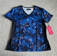 Koi Lite Scrub Top Women  s Sz Large Blue Marbulous Pinks Marble Stretch Nursing