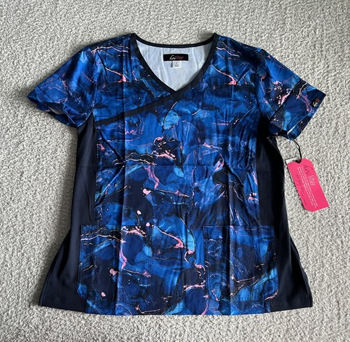 Koi Lite Scrub Top Women’s Sz Large Blue Marbulous Pinks Marble Stretch Nursing - Picture 1 of 10