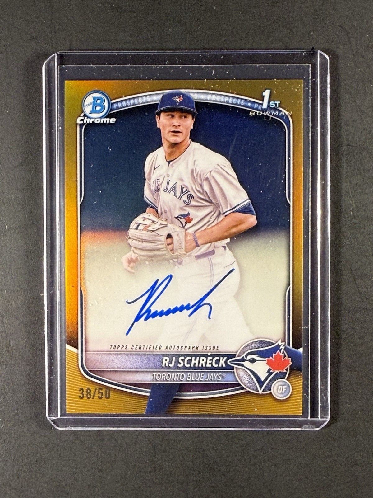 2025 Bowman Chrome 1st RJ Schreck Auto True Gold Refractor /50 Blue Jays