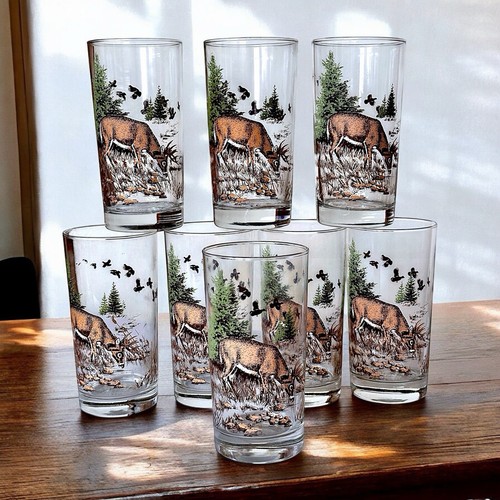 7 Vtg Libbey Whitetail Deer Buck Highball Glasses 5.5" Wildlife Tumbler Hunting