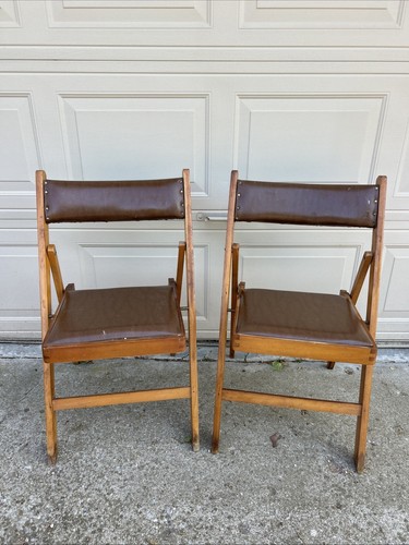 2-Vintage Mid Century Padded Wood Made In Romania Folding Chairs
