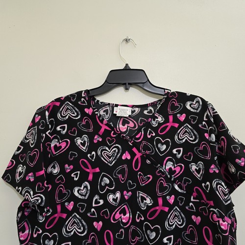 SCRUBSTAR size Large V Neck Heart Print Short Sleeve Scrub Top Black Pink - Picture 3 of 10