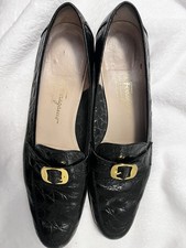 Vintage Salvatore Ferragamo Boutique 9.5 B 25 Black Croc Gold Buckle Loafer