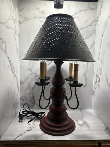 Large Colonial Style Table Lamp with Punched Tin Shade 4 Candelabra Arms - Picture 10 of 16