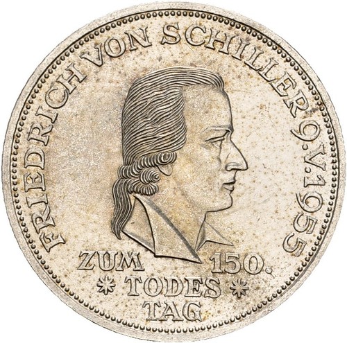 Künker: BRD, 5 Mark 1955 F, 150. Todestag Friedrich von Schiller, Silber