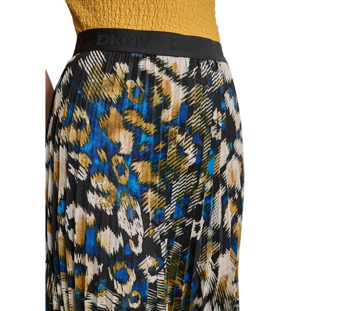 DKNY Womens Logo-Waistband Pleated Satin Midi Skirt Brstrk Leopard Size L - Picture 5 of 7