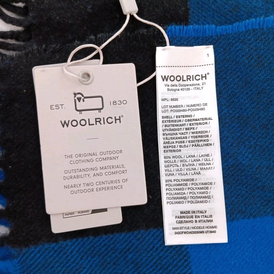 Woolrich Blanket Blue Black Buffalo Check Plaid Wool Throw Made in Italy Fringe - Image 3 of 4