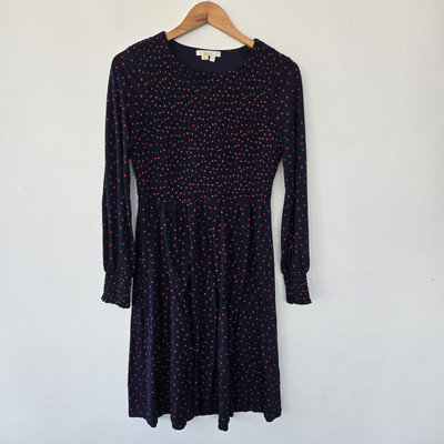 boden navy and red dress Boden Lena Dot Smocked Long Sleeve Navy Red Dress Polka Dot, Size 8 Long  Tall