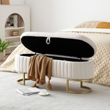 Storage Bench Bedroom Bench, Velvet Oval Upholstered End of Bed Bench with Golde