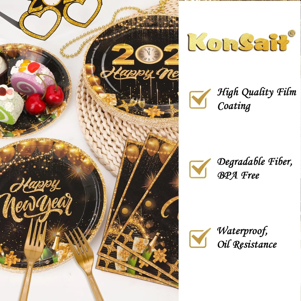 Juego de 80 platos y servilletas de Año Nuevo 2026 - Sirve a 20 invitados dorado y negro H... Foto 4 de 4