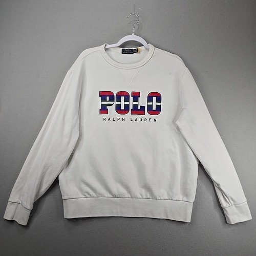 Polo Ralph Lauren Sweatshirt Mens Sz L White Fleece Pullover Spellout Logo - Picture 1 of 12