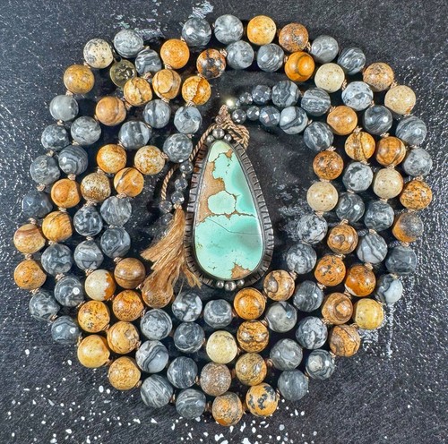 Handcrafted TURQUOISE Pendant 925 STERLING SILVER JASPER Mala Beads Necklace - Zdjęcie 2 z 9