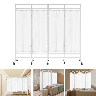 White Medical Privacy Screen Folding 4 Panel Room Divider Curtains With 8 Wheels